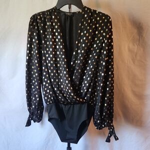 Zara Black and Gold Polka Dot Wrap Top. Small.